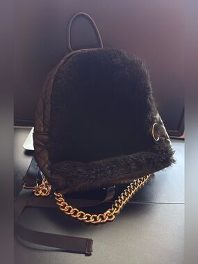 Black Faux Fur Quilted Backpack with Gold Chain